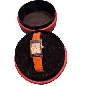 Talbots Womens Square Roman Numeral Watch With Orange Leather Strap Red Gift Box